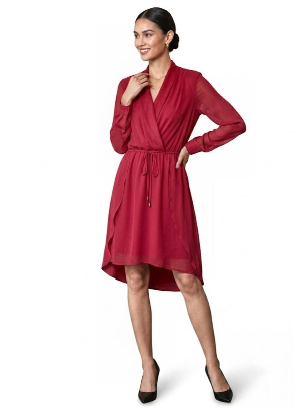 Adelyn Rae Long Sleeve Wrap Front Chiffon High-Low Dress, Red, Womens Size XS